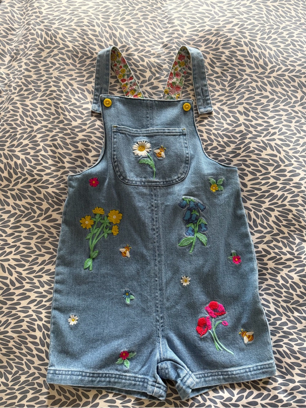 Mini Boden Blue Denim Floral Embroidered Shortalls